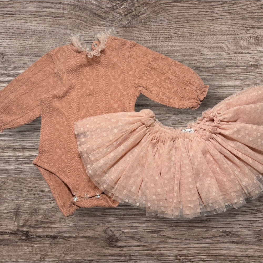 Tan Matching Set with Textured Bodysuit and Tulle Skirt